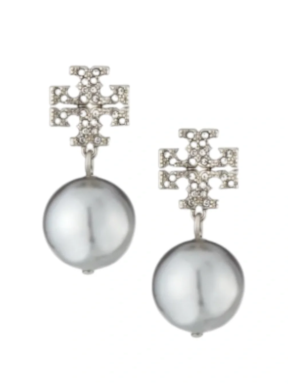 Tory Burch Crystal Pave Logo Grey Pearl Drop Earrings
